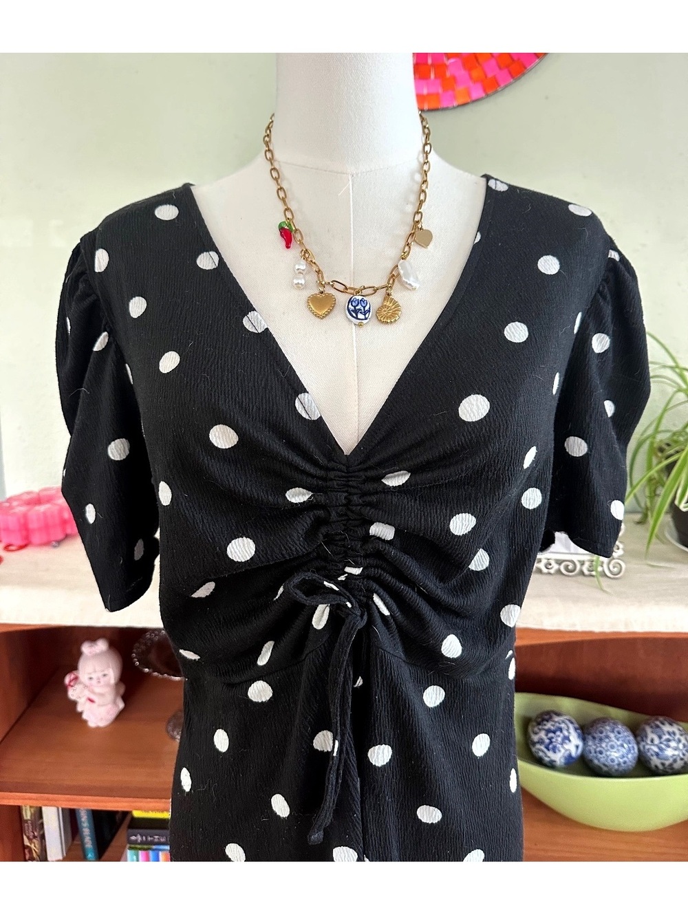 B&W Polka Dot Ruched Front Dress